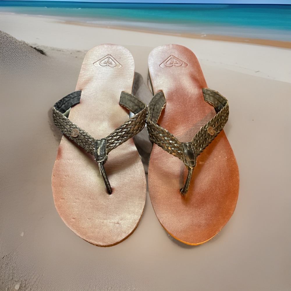 Roxy Lola Sandals Flip Flops Women's Size 9-10 Slip On Brown Black Logo